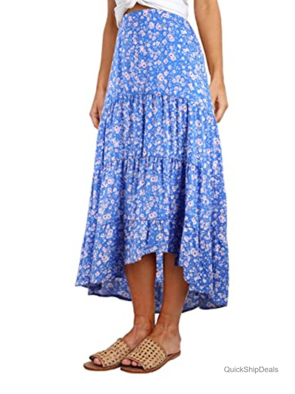 Ditzy Floral Print Midi Skirt High Low Hem Pleated A-Line